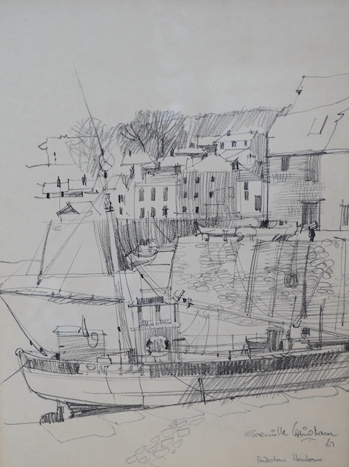 Grenville Cottingham (1943-2007), pair of charcoal sketches, Padstow Harbour scenes, each signed and dated ‘67, 41 x 30cm. Condition - fair to good